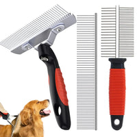 Deshedding rake used on a Husky coat