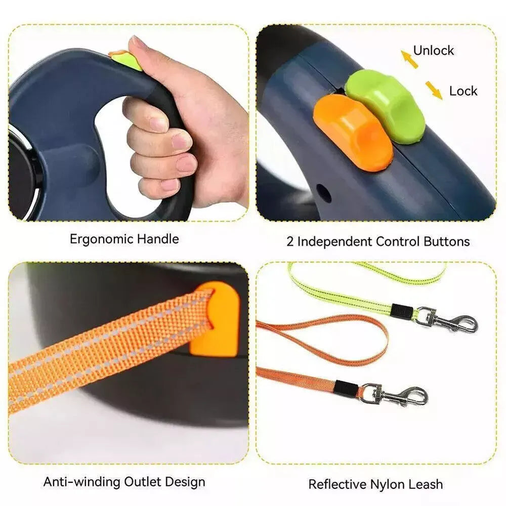 Dual Retractable Dog Leash — 360° Swivel for Two Dogs