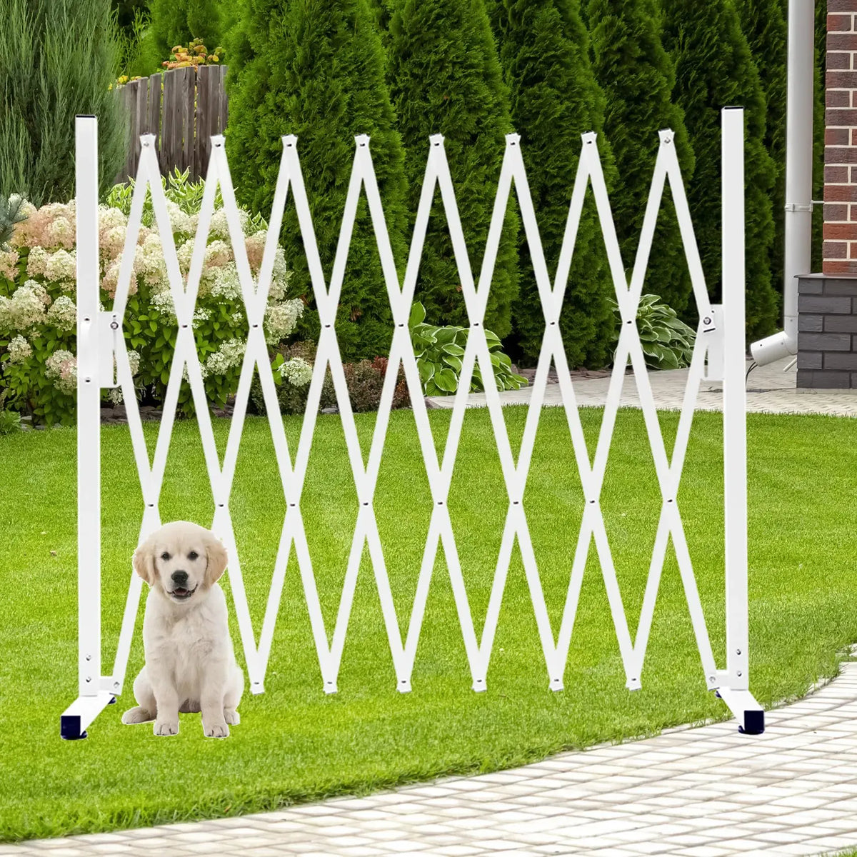 Three-section pet gate angled around a doorway