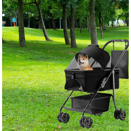 Dog riding in the pet stroller