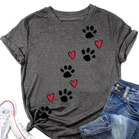 Womens Dog Paw Love Heart Print T-Shirt O-Neck Short Sleeve Dog Mom Graphic Tees Tops Dog Lover Gift Dog Mom T-Shirt Grey ChicFind