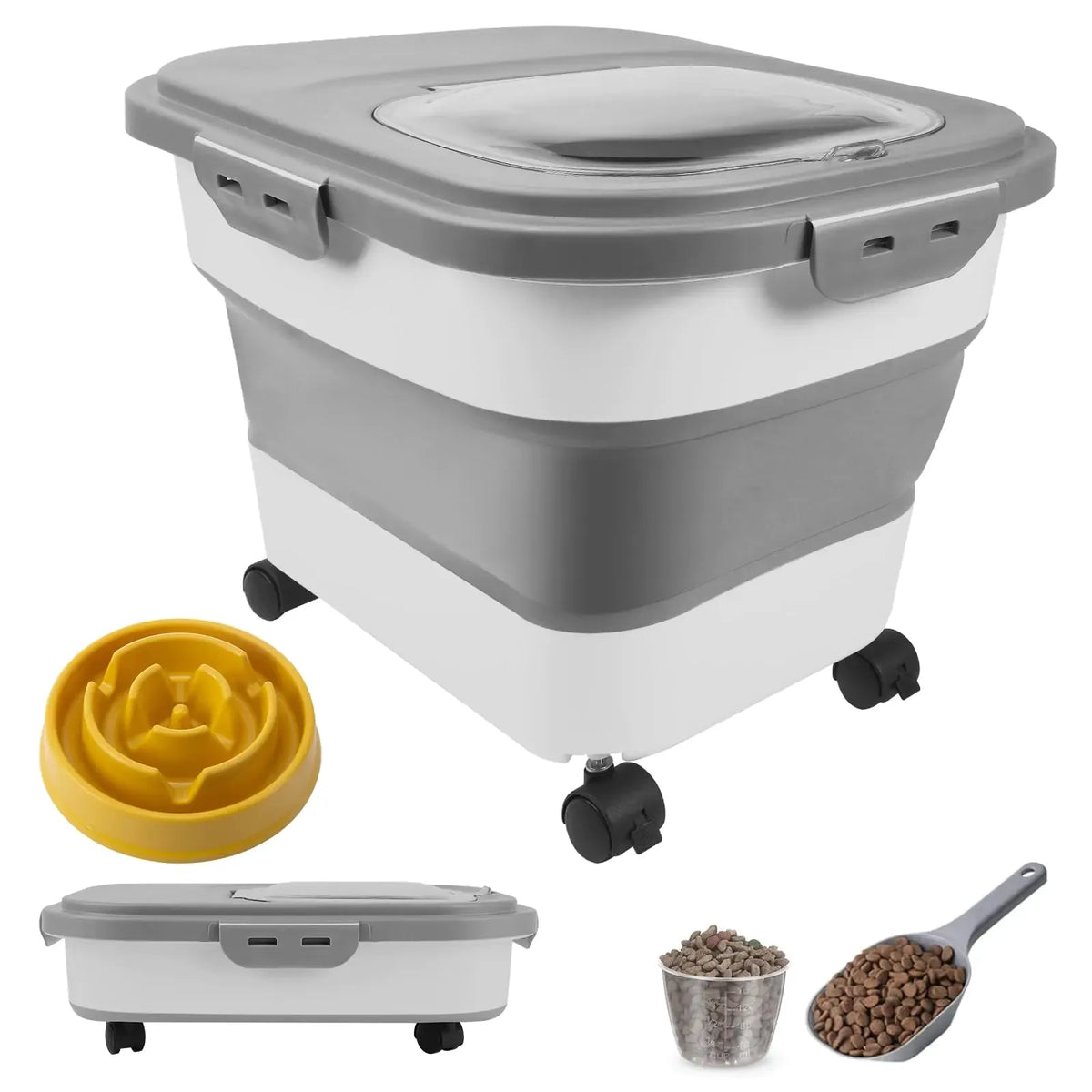 Collapsible pet food container folded flat for storage