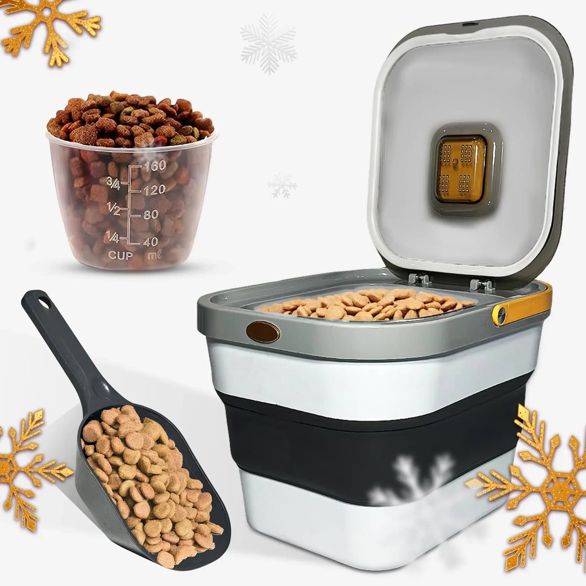 Dry dog food stored inside the sealed container