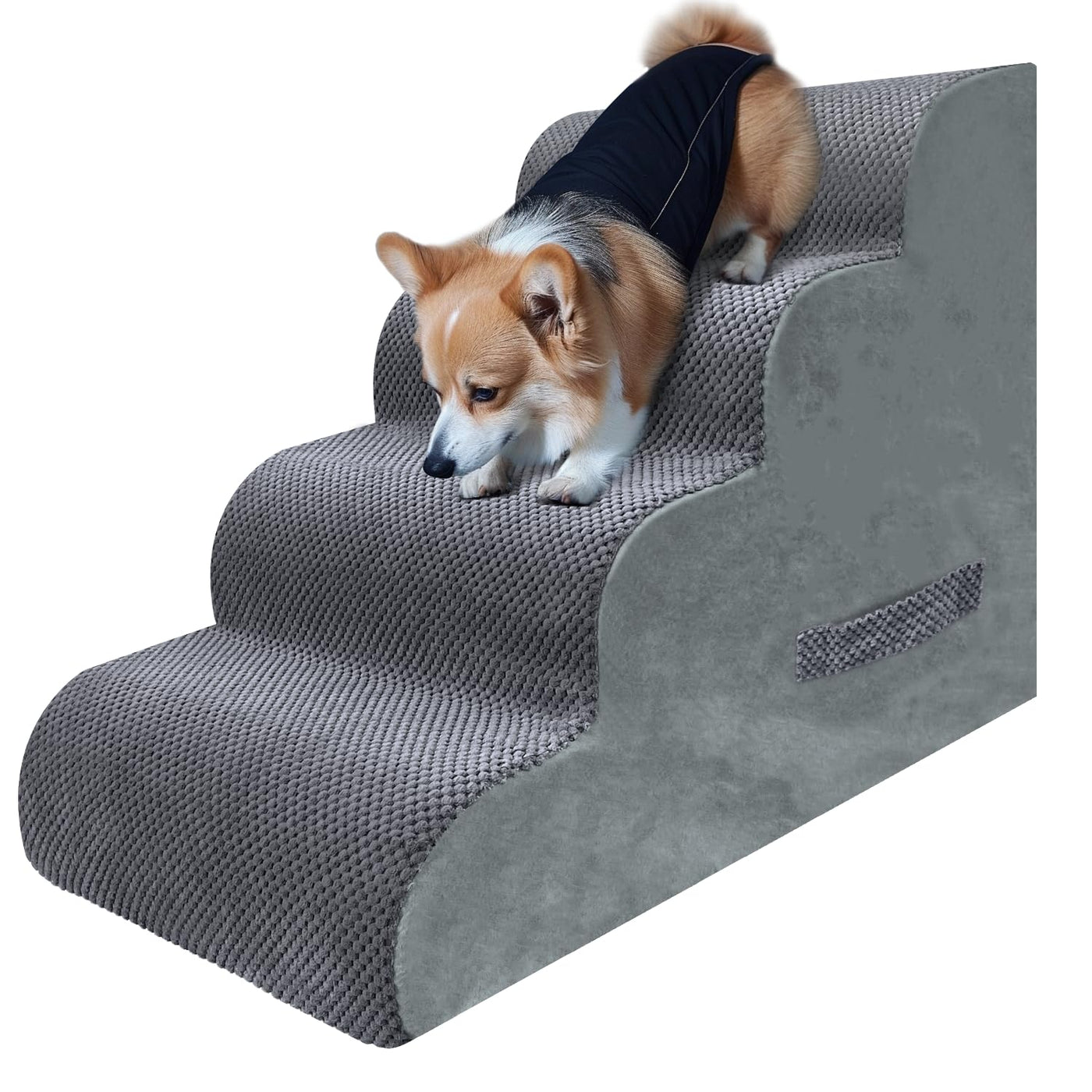 PAWSCART Dog Stairs — 19.6" 4-Step Non-Slip Foam Pet Steps for Beds & Couches (Grey Fleece)