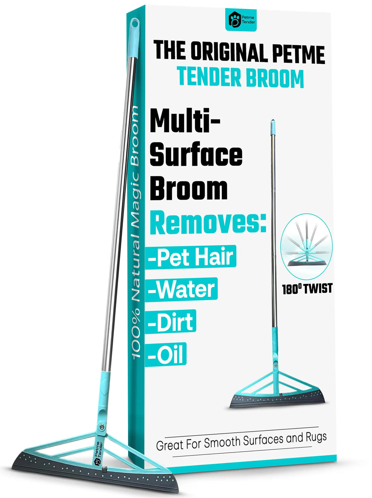 Petme Tender Magic Broom Squeegee Dog Pet Hair Remover Rotatable Extendable - Silicone Broom Pet Hair Remover for All-Surfaces Hardwood Floors Rugs Tile Glass Liquid-Dirt with 50" Handle ChicFind