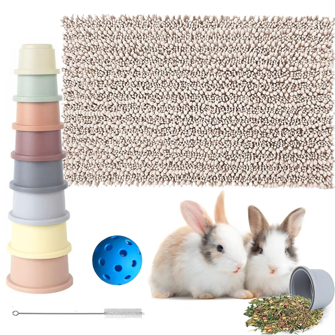 IMVNIKA Rabbit Enrichment Set — 16"×24" Snuffle Mat, 8 Stacking Cups & Treat Ball (Bunnies, Guinea Pigs, Chinchillas)