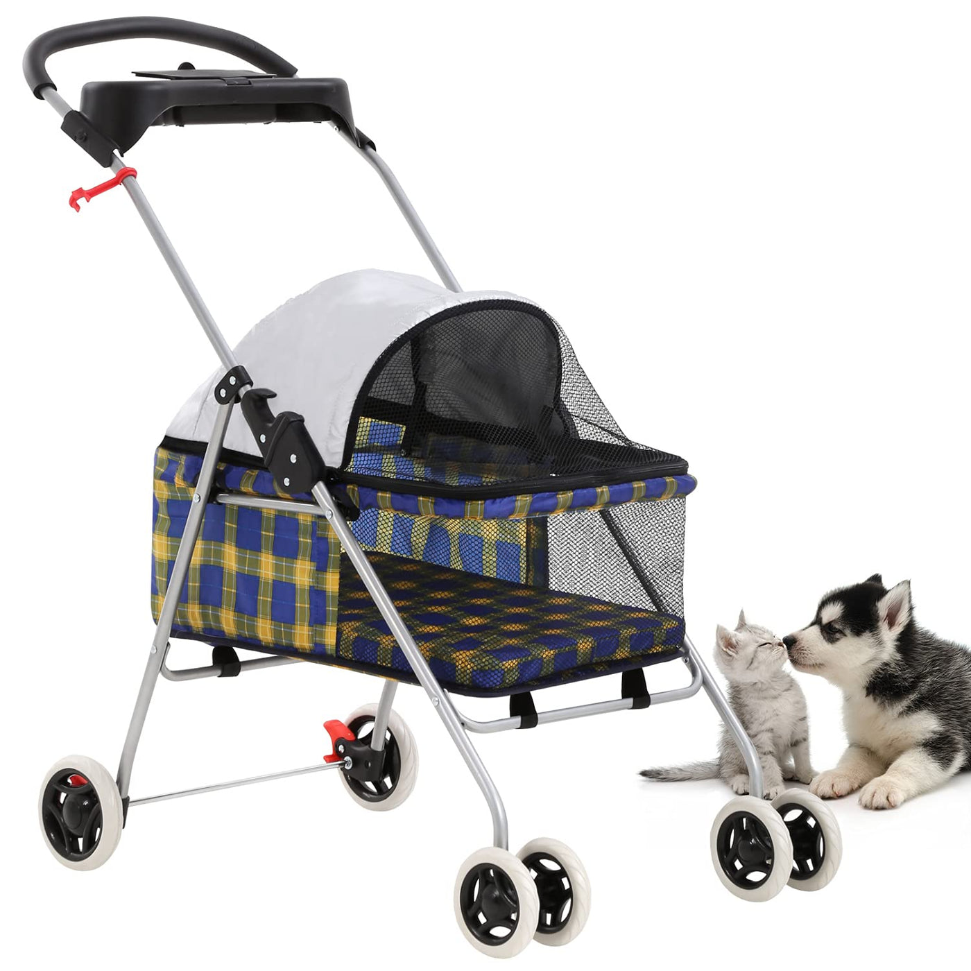 BestPet 4-Wheel Pet Stroller — Folding Waterproof Travel Cart for Cats & Small Dogs (Yellow Plaid)