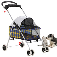 BestPet 4-Wheel Pet Stroller — Folding Waterproof Travel Cart for Cats & Small Dogs (Yellow Plaid)