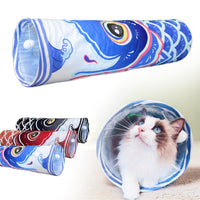 Dsumky Collapsible Cat Tunnel — 35" Fish-Design Play Tube with Hanging Plush Ball (Ocean Blue)
