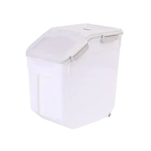 Wheels on the base of the 30 lb dog food bin