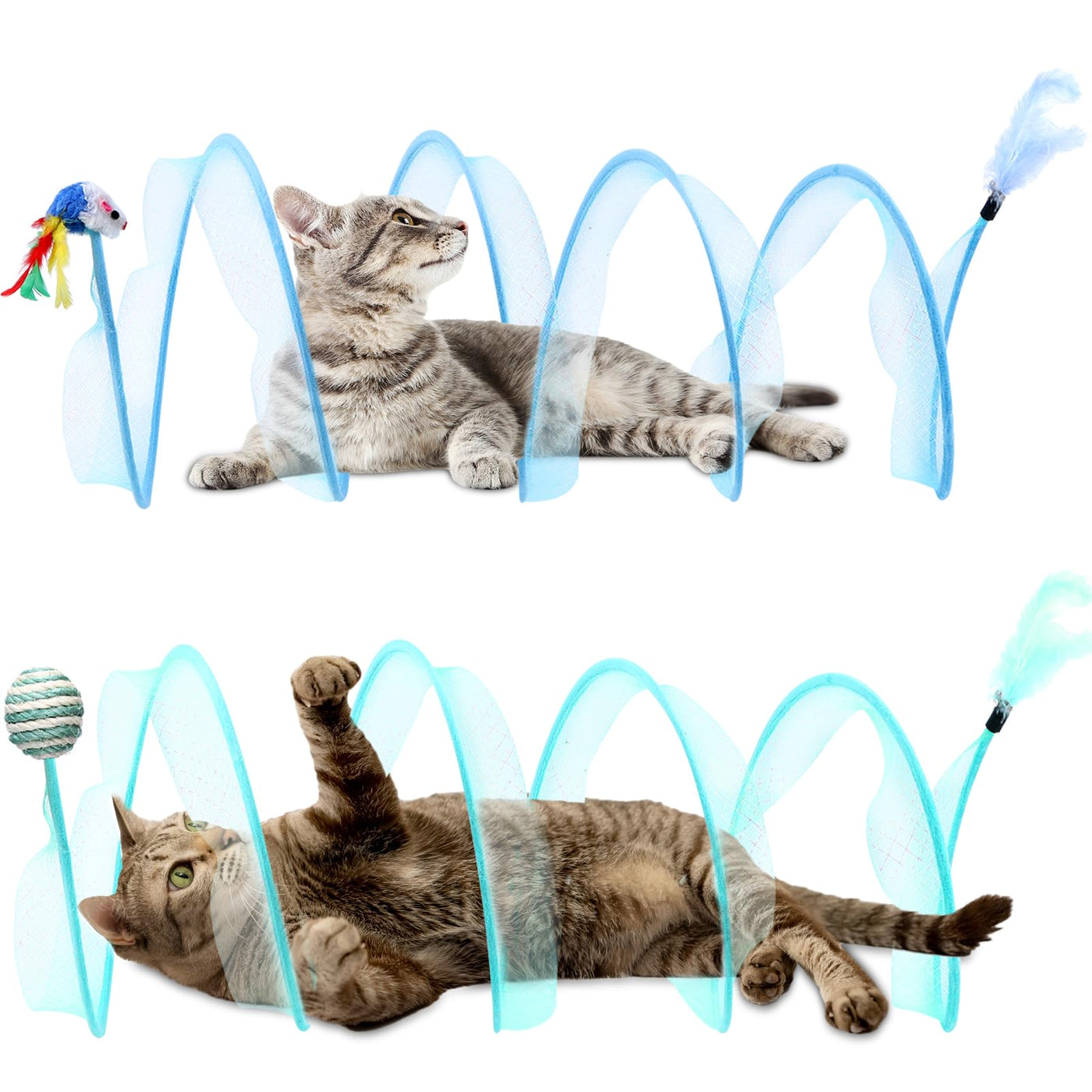 Folding Spring Cat Tunnel, 2-Pack — Donut Play Tubes with Feather & Mouse Teasers (Blue & Green)