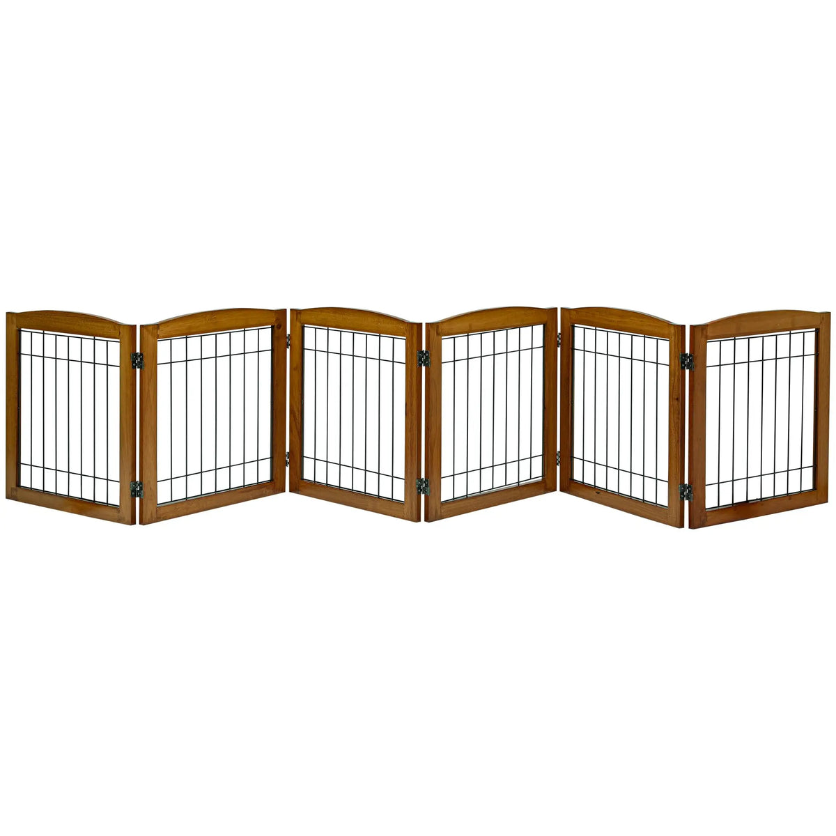 Dog behind the decorative wooden pet gate