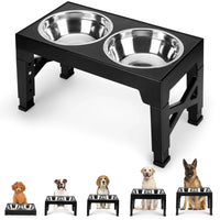 Large dog eating from the raised stainless bowls