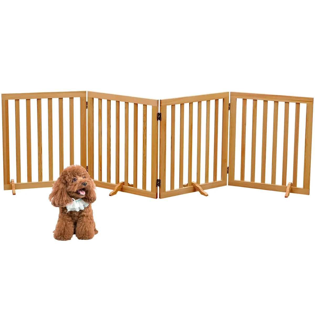 Freestanding wooden pet gate in a living room