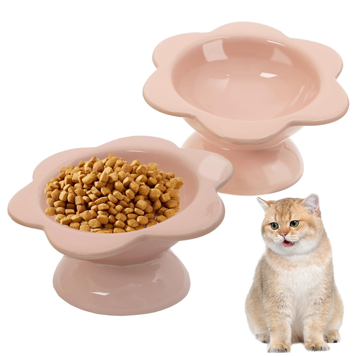 RMERVE Ceramic Raised Cat Bowls, 2-Pack — 7 oz Tilted Flower Dishes for Cats & Kittens