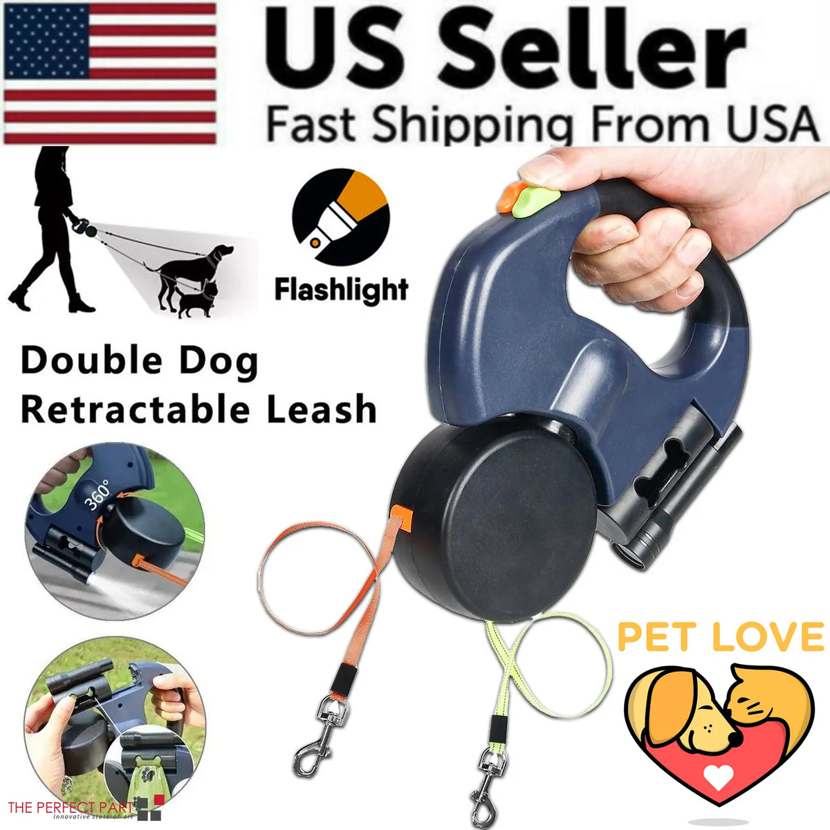 Dual Retractable Dog Leash — 360° Swivel for Two Dogs