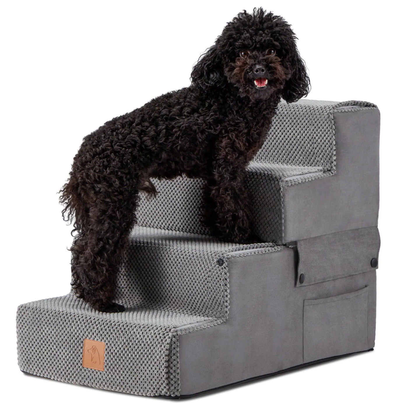 PAWSCART 4-step dog stairs, grey fleece, side view