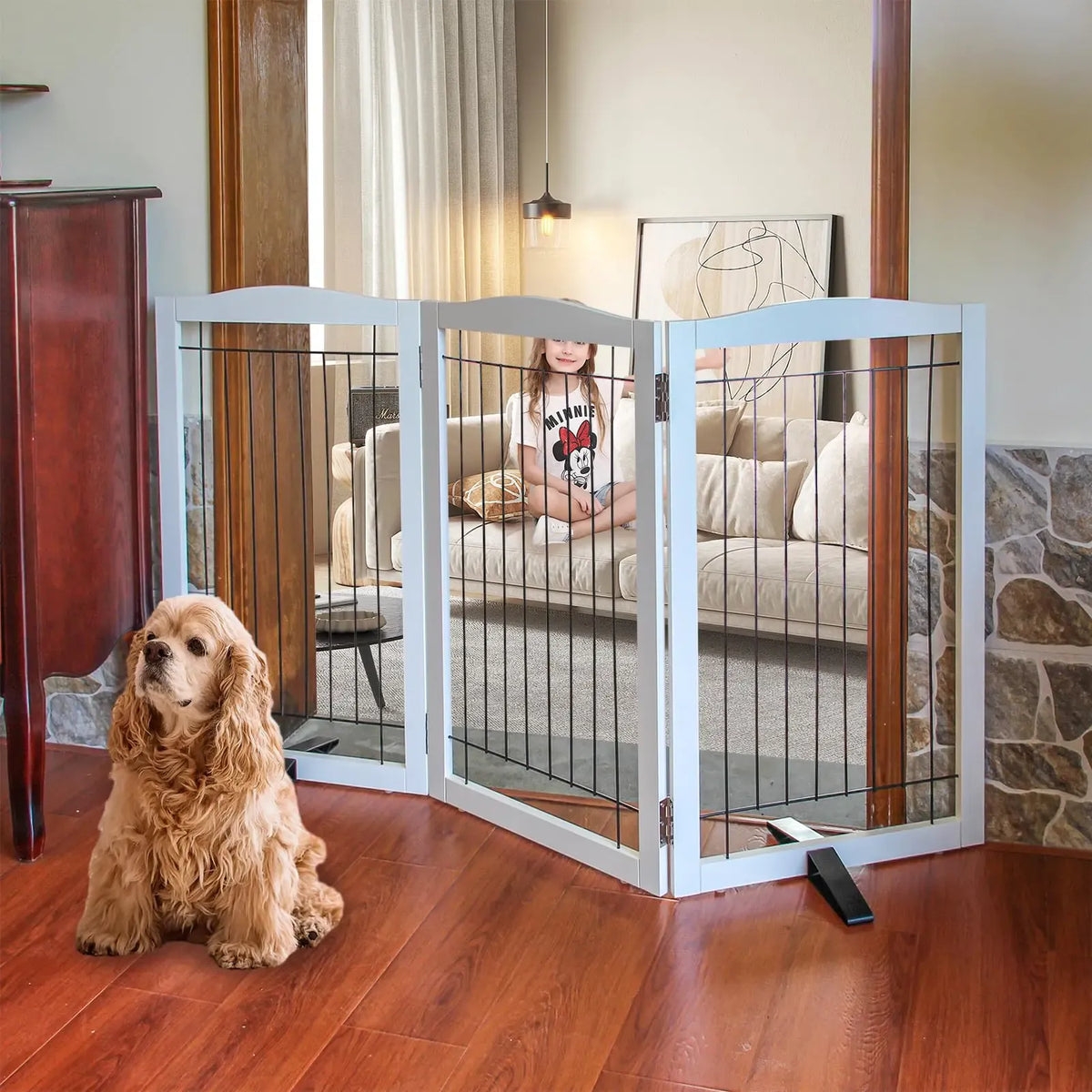 White wooden finish of the indoor dog fence