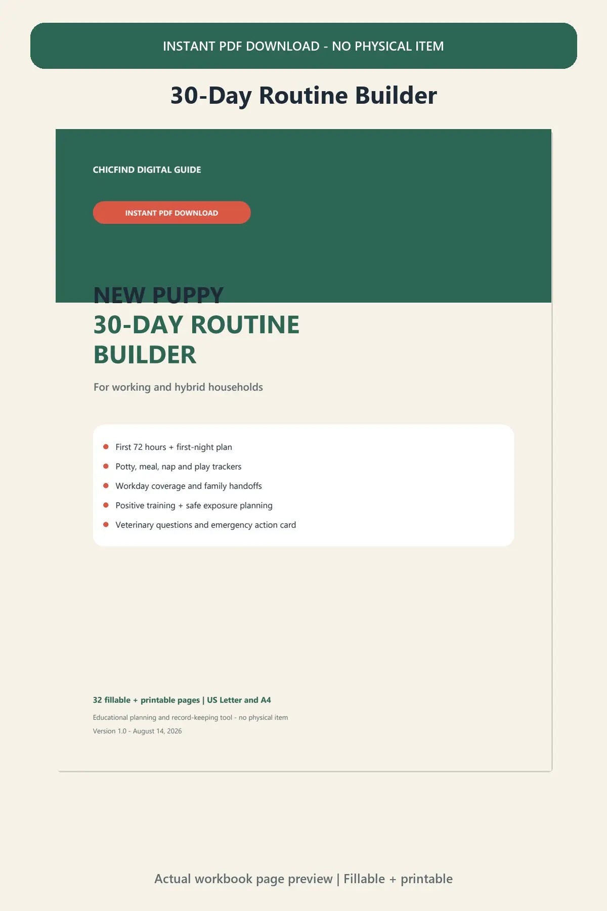 New Puppy 30-Day Routine Builder digital download cover and workbook overview