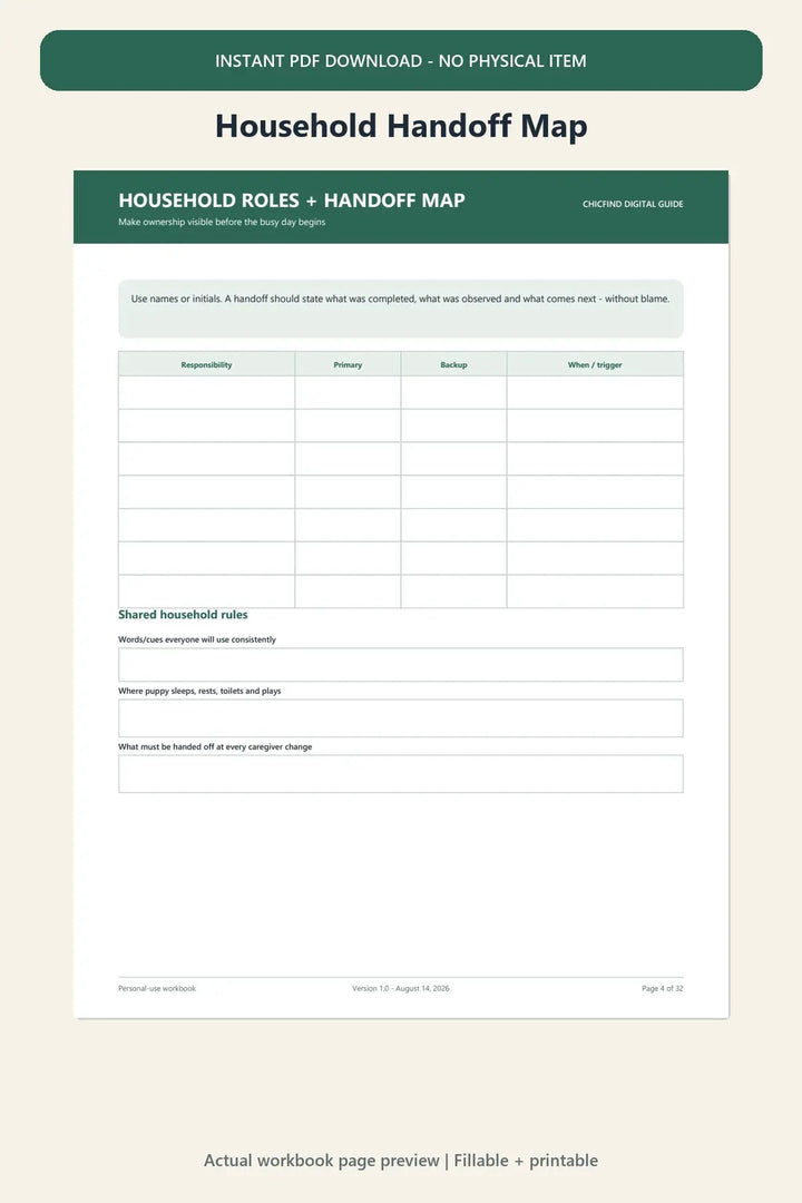 New Puppy 30-Day Routine Builder — Fillable PDF for Working Households