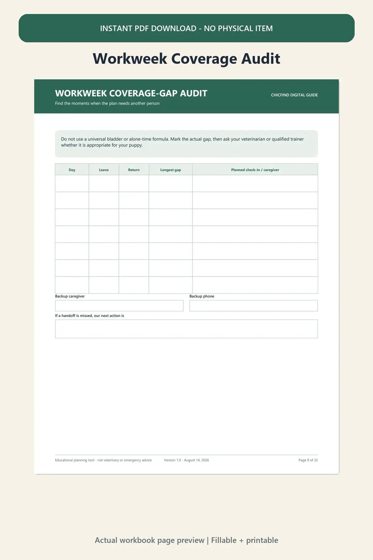 Working day puppy routine planner fillable worksheet