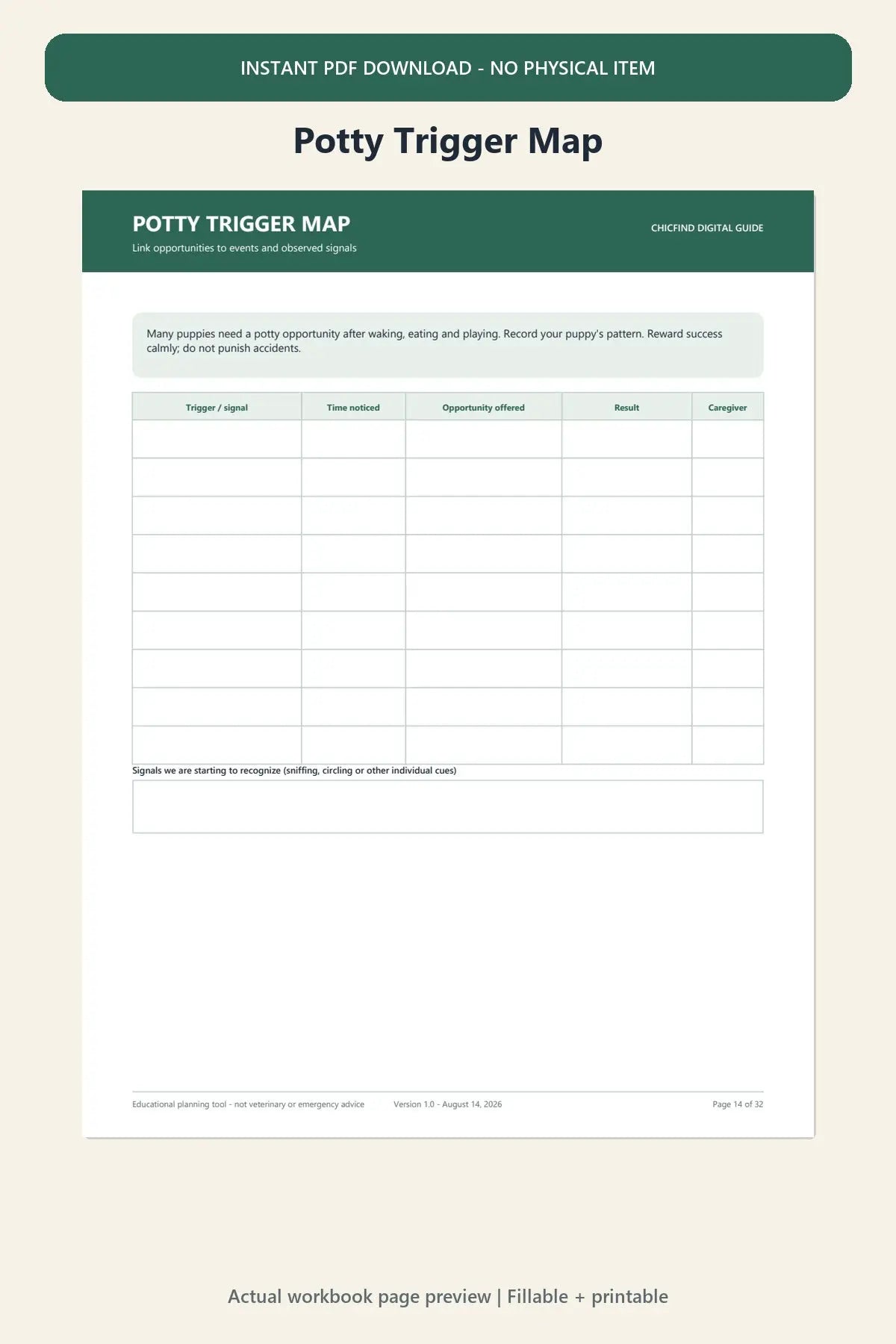 Potty trigger map printable puppy training tracker
