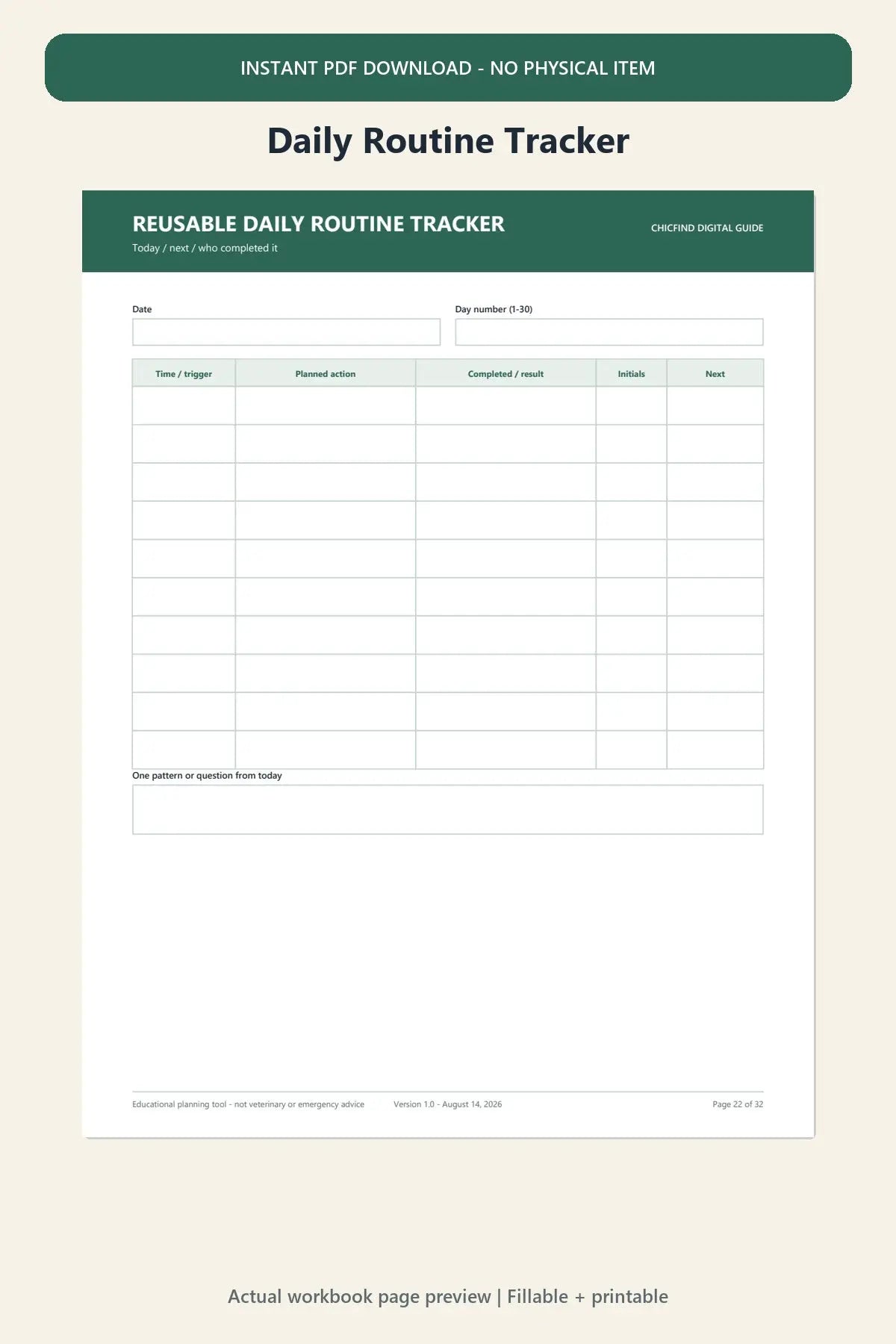 30-day puppy routine tracker fillable workbook page