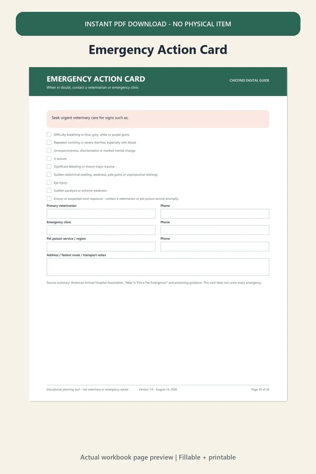 Puppy emergency action card and veterinary question planner